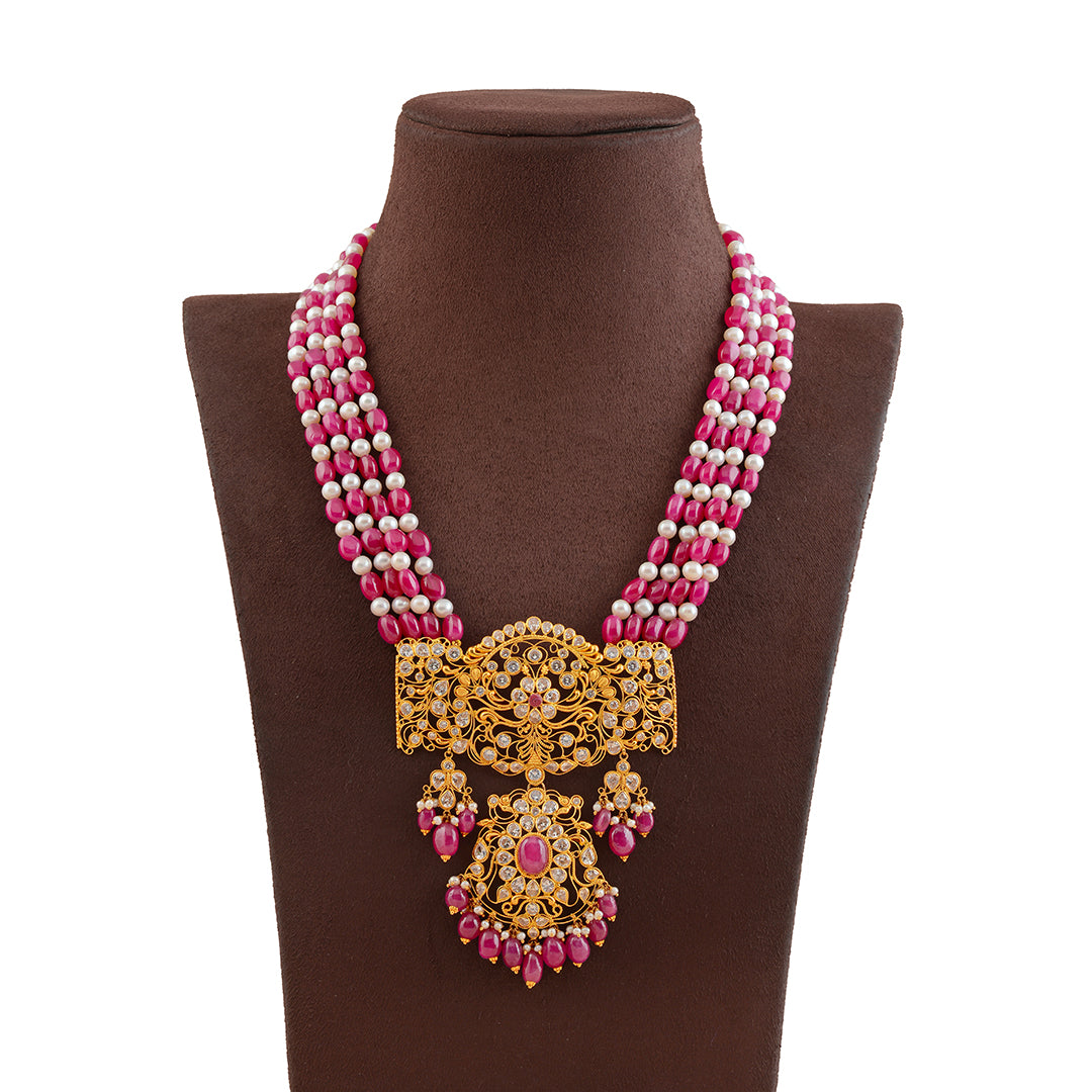 Royal Gold Pearl and Beads Long Necklace With Gold Pendant - Krishna Jewellers Pearls and Gems