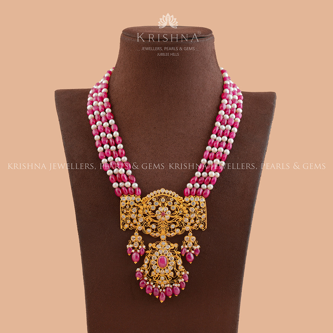 Royal Gold Pearl and Beads Long Necklace With Gold Pendant - Krishna Jewellers Pearls and Gems