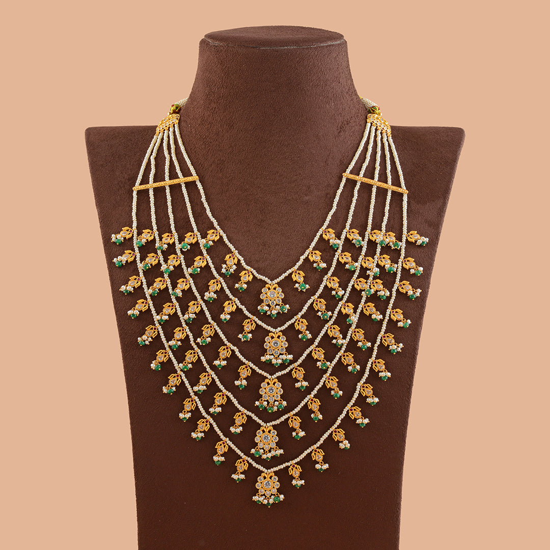 Paanch Lada Gold Pearl Necklace Haram - Krishna Jewellers Pearls and Gems