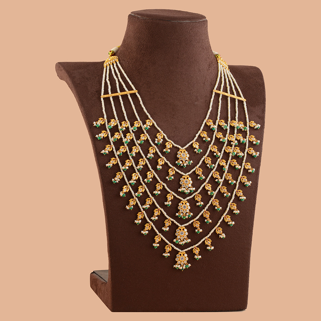 Paanch Lada Gold Pearl Necklace Haram - Krishna Jewellers Pearls and Gems