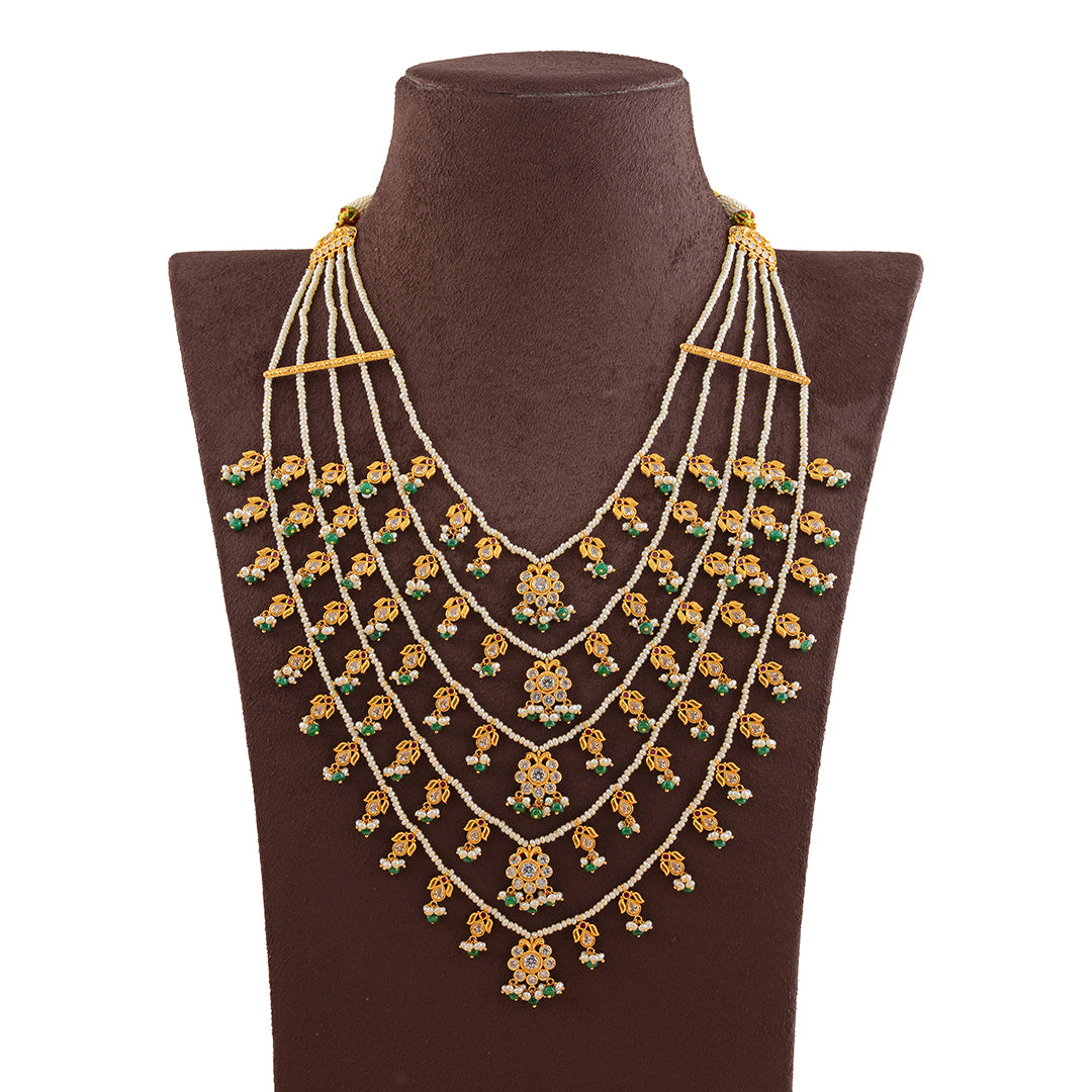 Paanch Lada Gold Pearl Necklace Haram - Krishna Jewellers Pearls and Gems