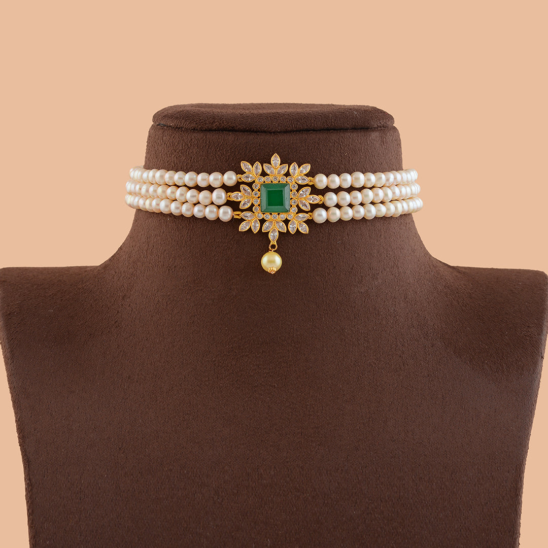 Triple Line Gold Pearl Necklace - Krishna Jewellers Pearls and Gems