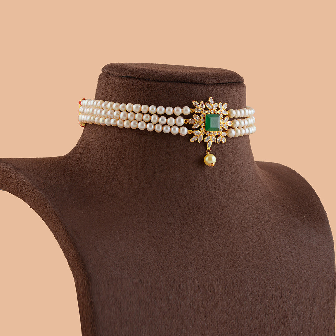 Triple Line Gold Pearl Necklace - Krishna Jewellers Pearls and Gems