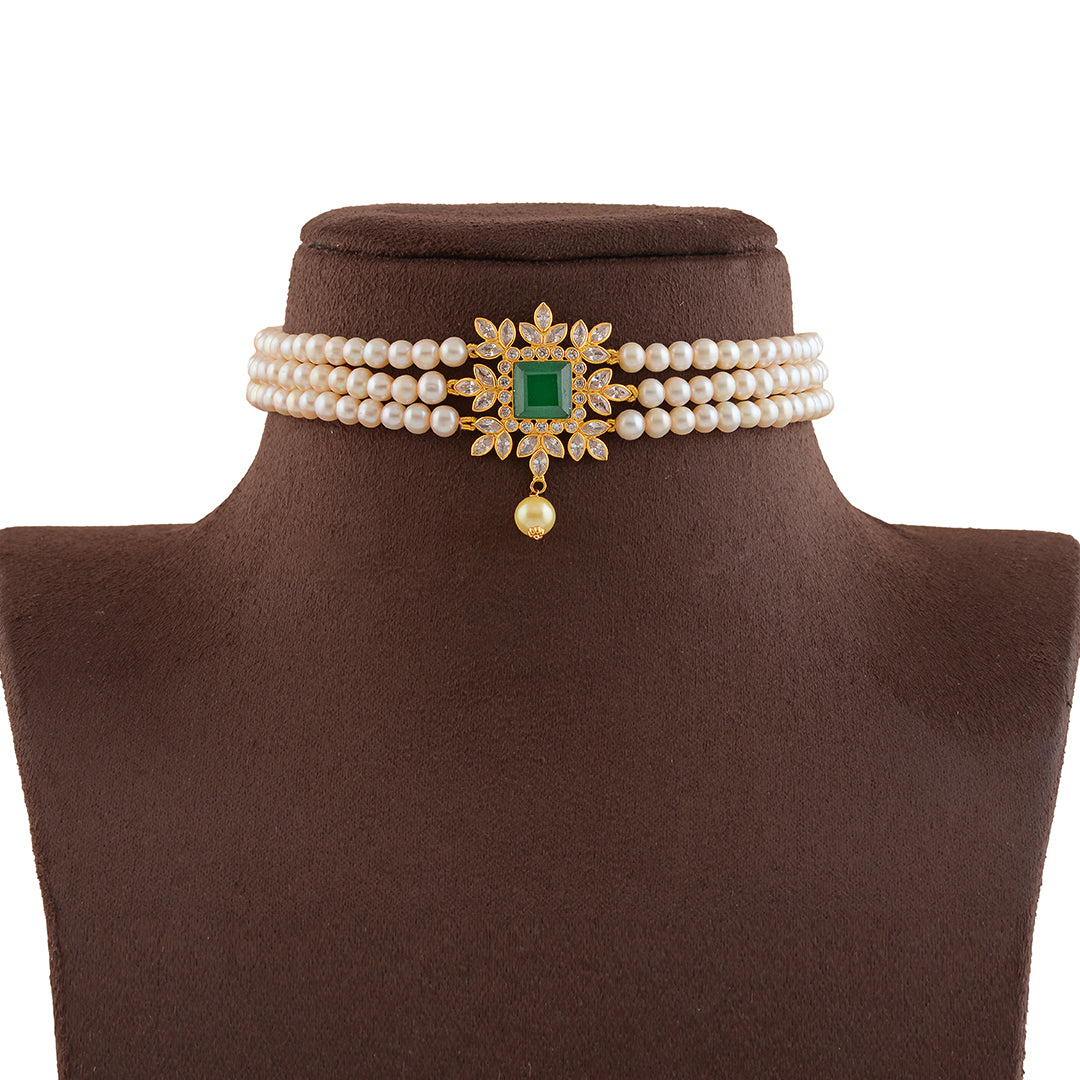 Triple Line Gold Pearl Necklace - Krishna Jewellers Pearls and Gems