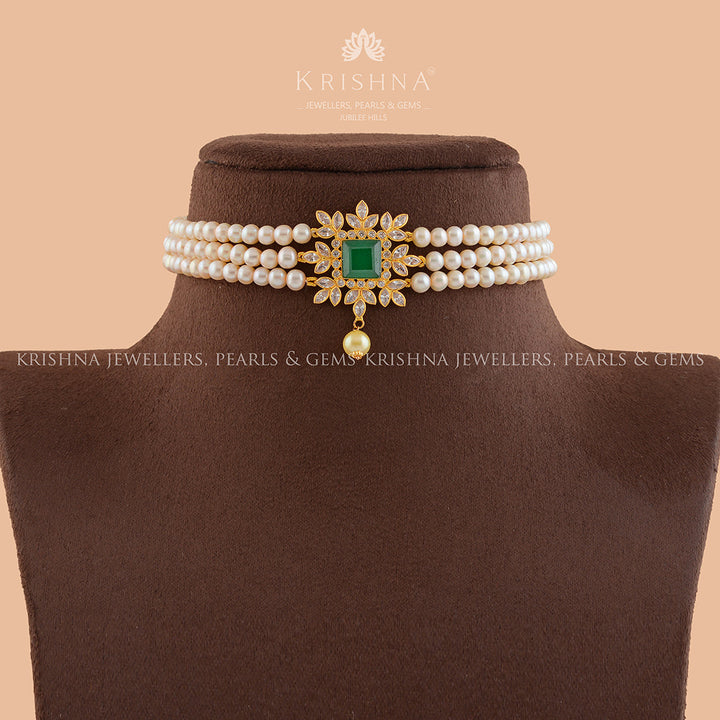 Triple Line Gold Pearl Necklace - Krishna Jewellers Pearls and Gems
