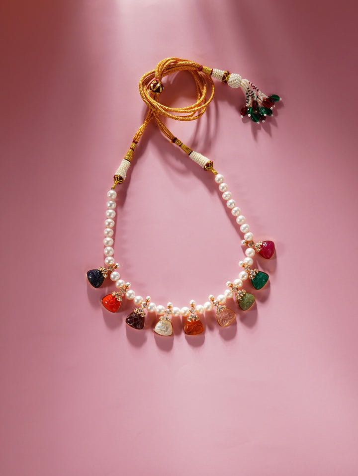 22K Gold Navaratna Necklace with Pearls and CZ