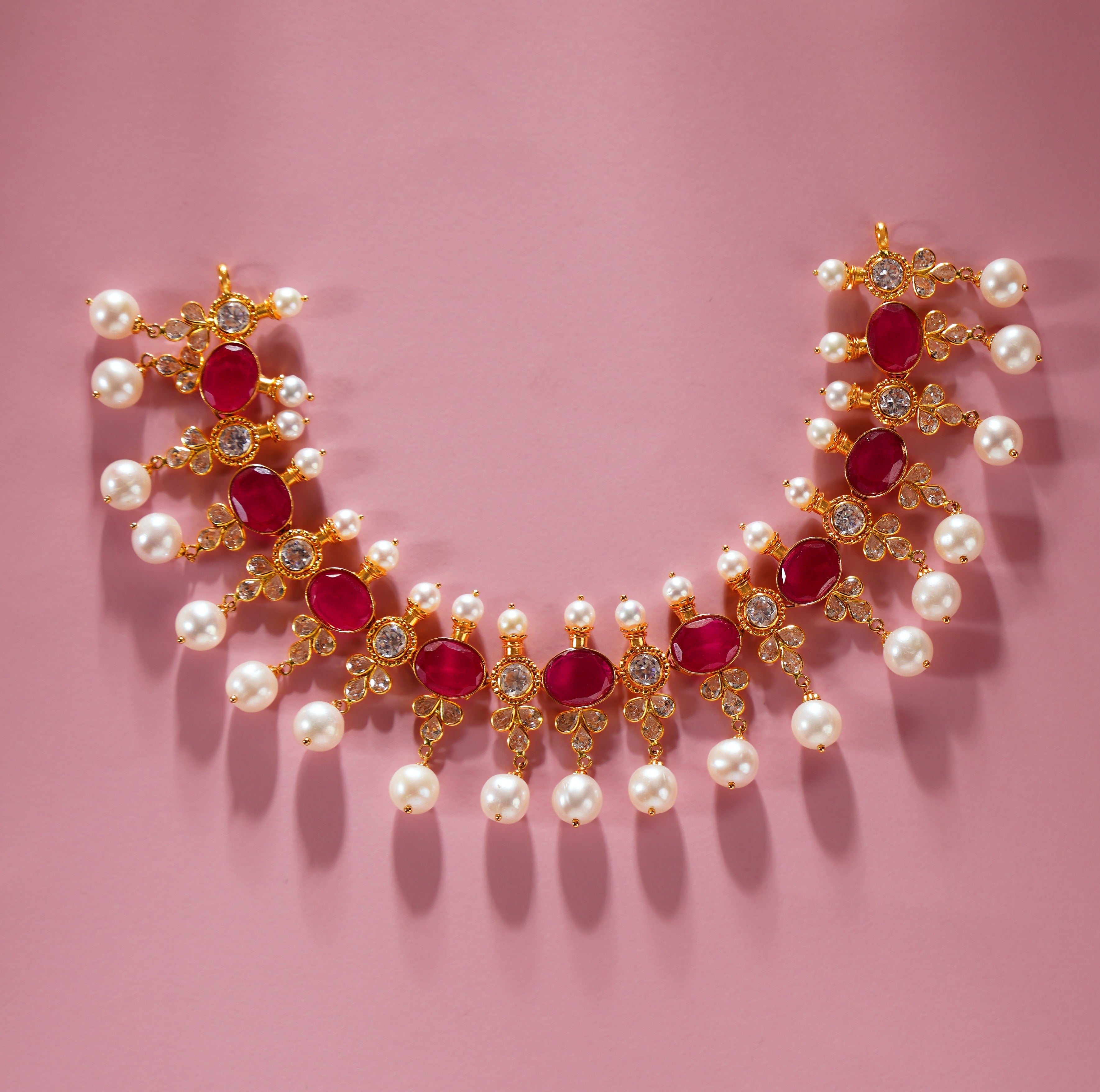 22K Gold Pearl Choker with CZ and Stone Detailing