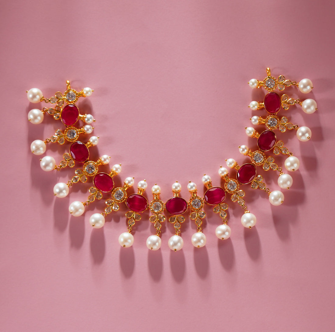 22K Gold Pearl Choker with CZ and Stone Detailing