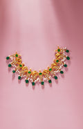 22K Gold Pearl Choker with CZ and Green Stone Detailing