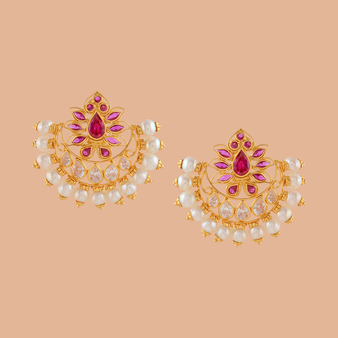 Chandbali Gold Pearl Stud - Krishna Jewellers Pearls and Gems