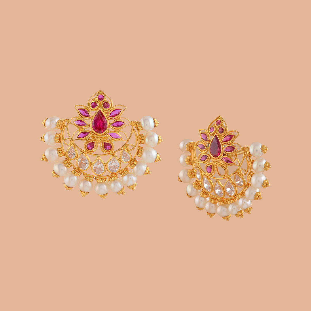 Chandbali Gold Pearl Stud - Krishna Jewellers Pearls and Gems
