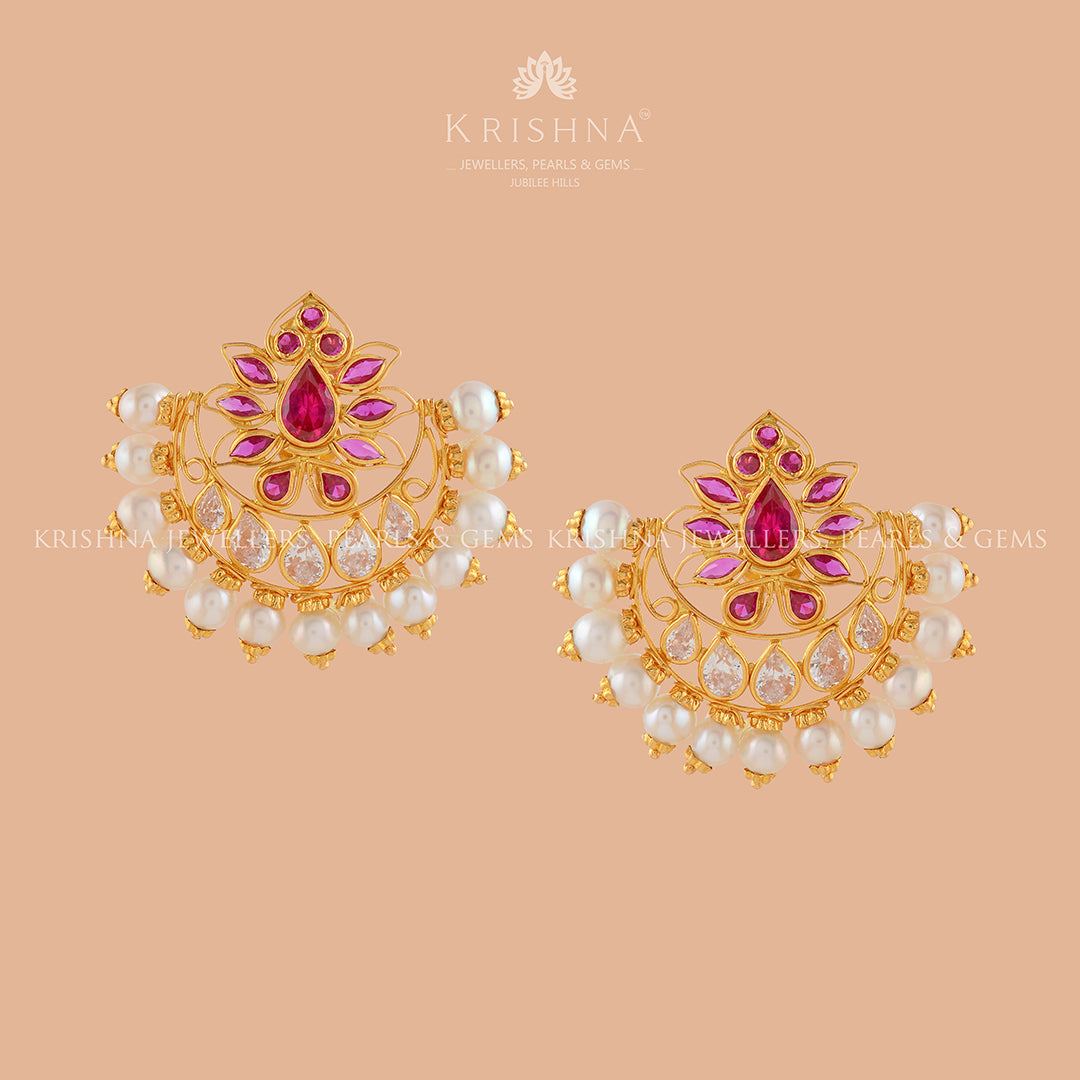 Chandbali Gold Pearl Stud - Krishna Jewellers Pearls and Gems