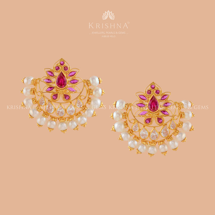 Chandbali Gold Pearl Stud - Krishna Jewellers Pearls and Gems