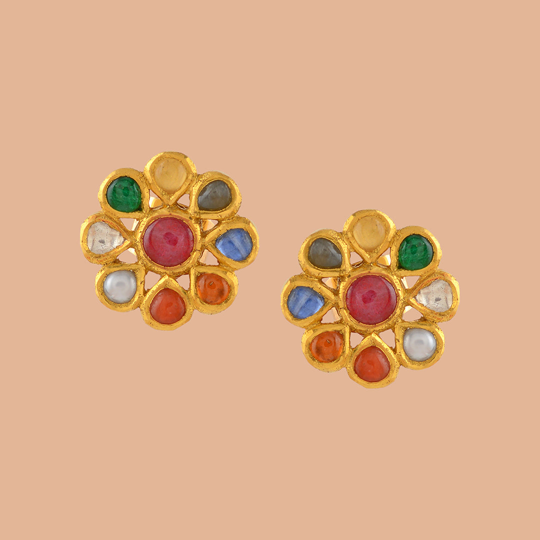Navaratna Gold Pearl Stud - Krishna Jewellers Pearls and Gems