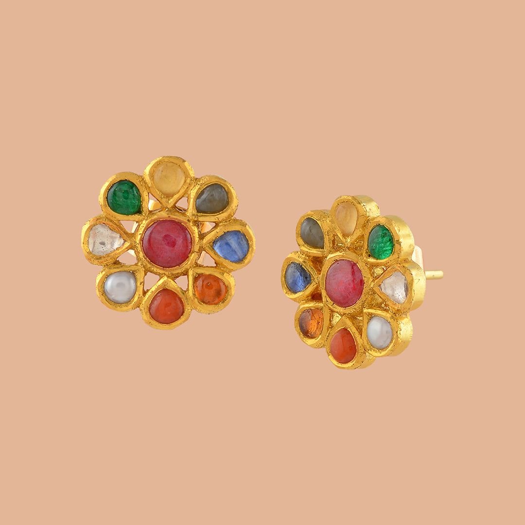 Navaratna Gold Pearl Stud - Krishna Jewellers Pearls and Gems
