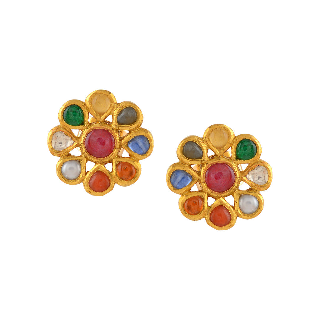 Navaratna Gold Pearl Stud - Krishna Jewellers Pearls and Gems