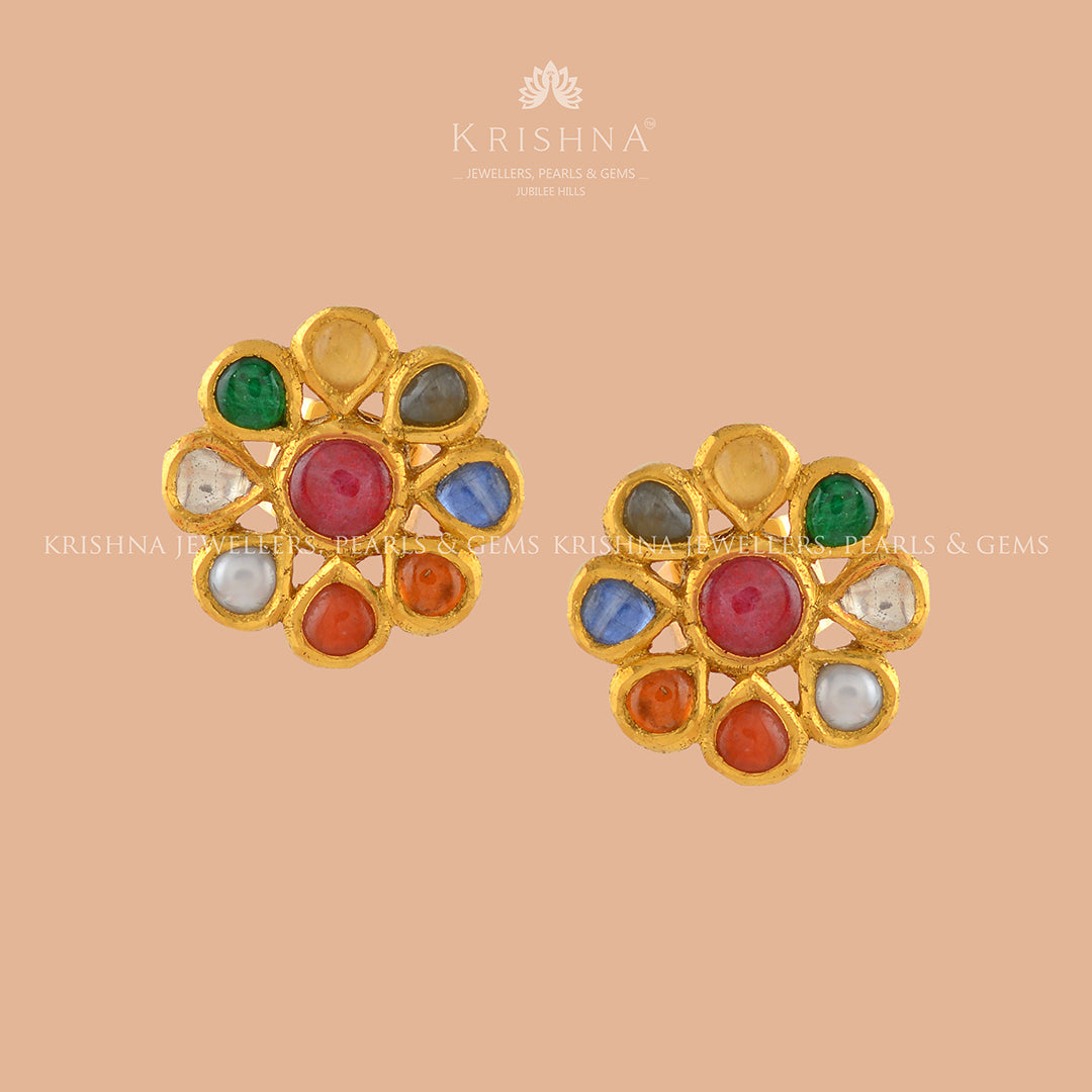 Navaratna Gold Pearl Stud - Krishna Jewellers Pearls and Gems