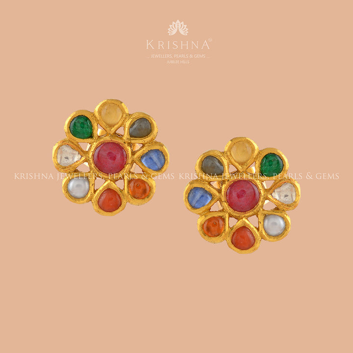Navaratna Gold Pearl Stud - Krishna Jewellers Pearls and Gems