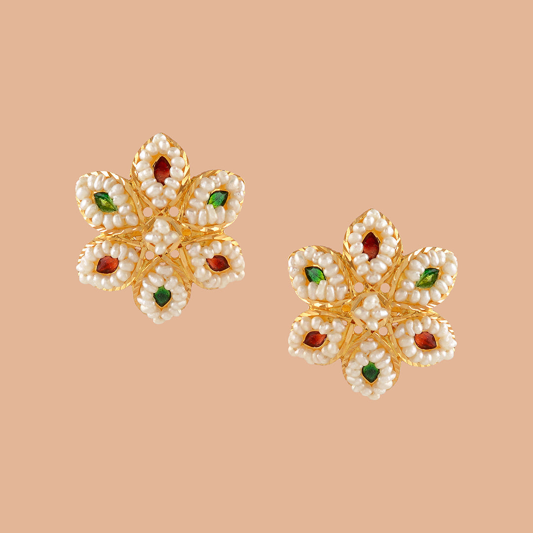 Posy Gold Pearl Stud Earrings - Krishna Jewellers Pearls and Gems