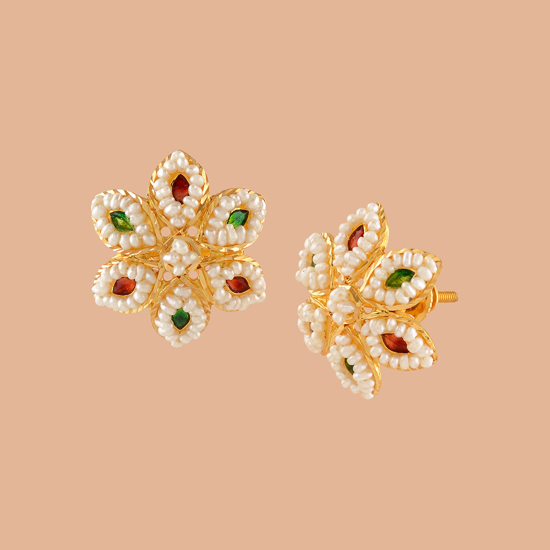 Posy Gold Pearl Stud Earrings - Krishna Jewellers Pearls and Gems