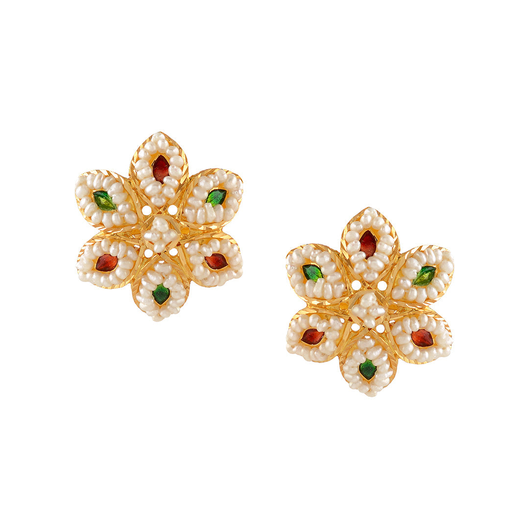Posy Gold Pearl Stud Earrings - Krishna Jewellers Pearls and Gems