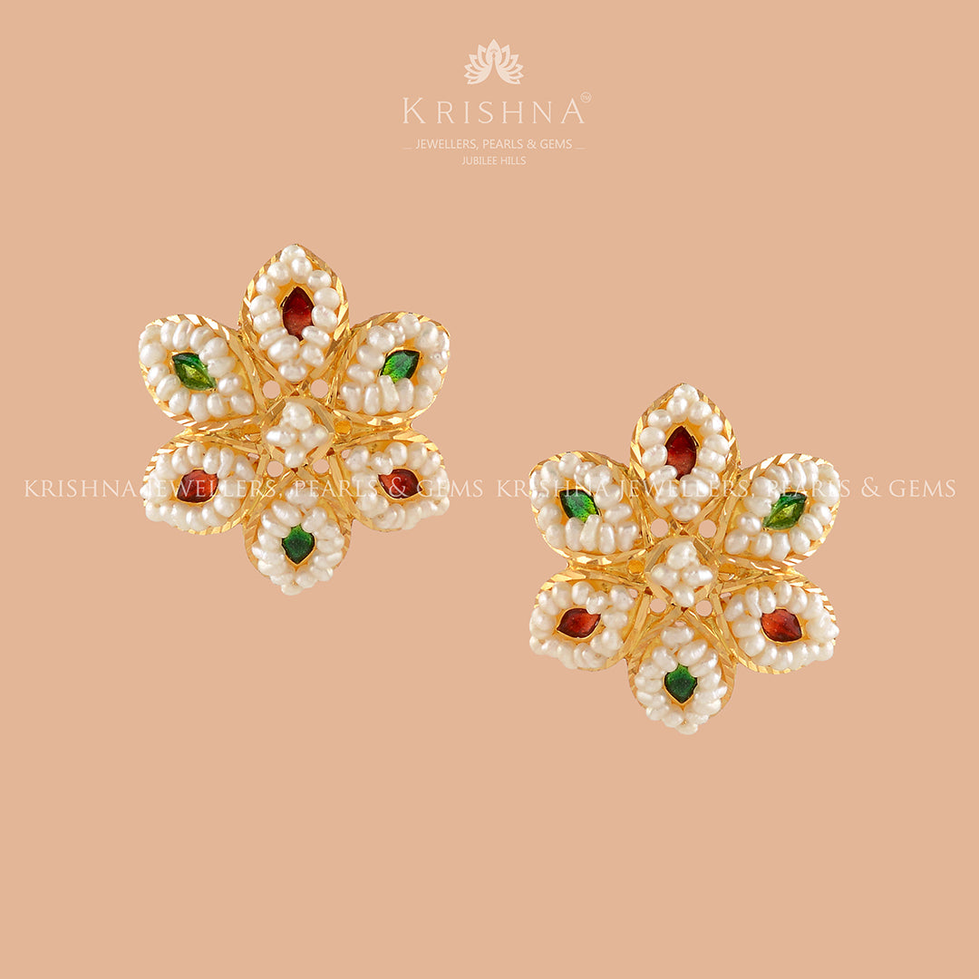 Posy Gold Pearl Stud Earrings - Krishna Jewellers Pearls and Gems