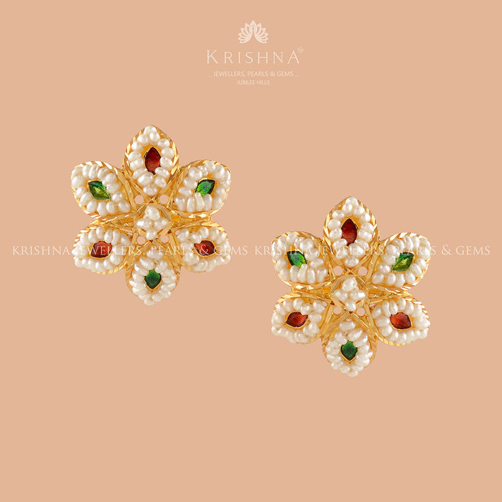 Posy Gold Pearl Stud Earrings - Krishna Jewellers Pearls and Gems