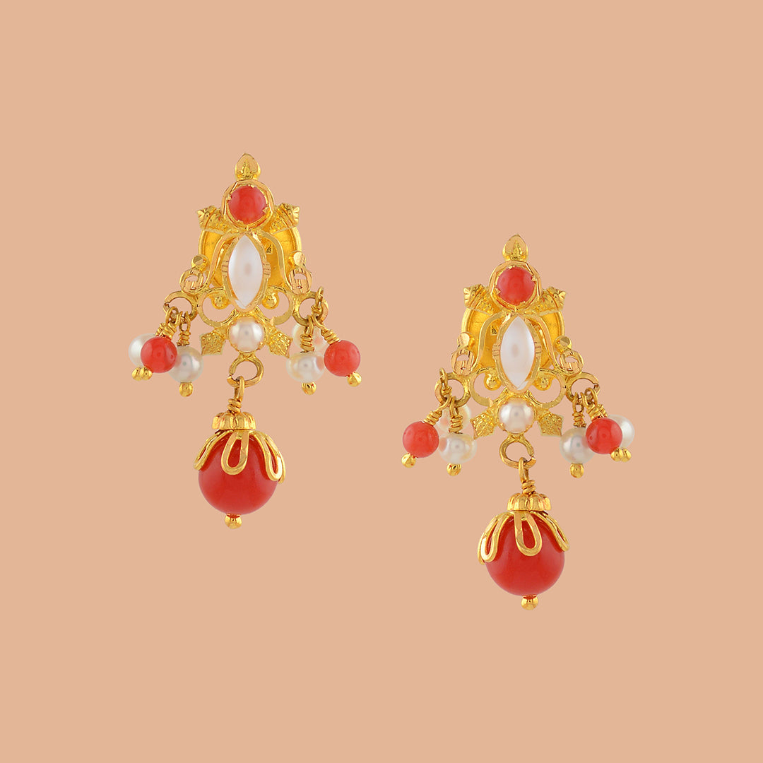 Coral and Pearl Gold Earrings - Krishna Jewellers Pearls and Gems
