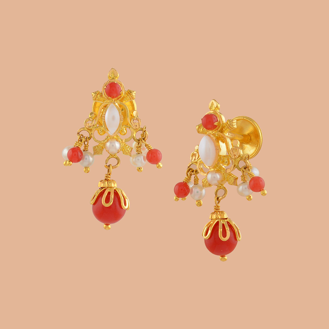 Coral and Pearl Gold Earrings - Krishna Jewellers Pearls and Gems