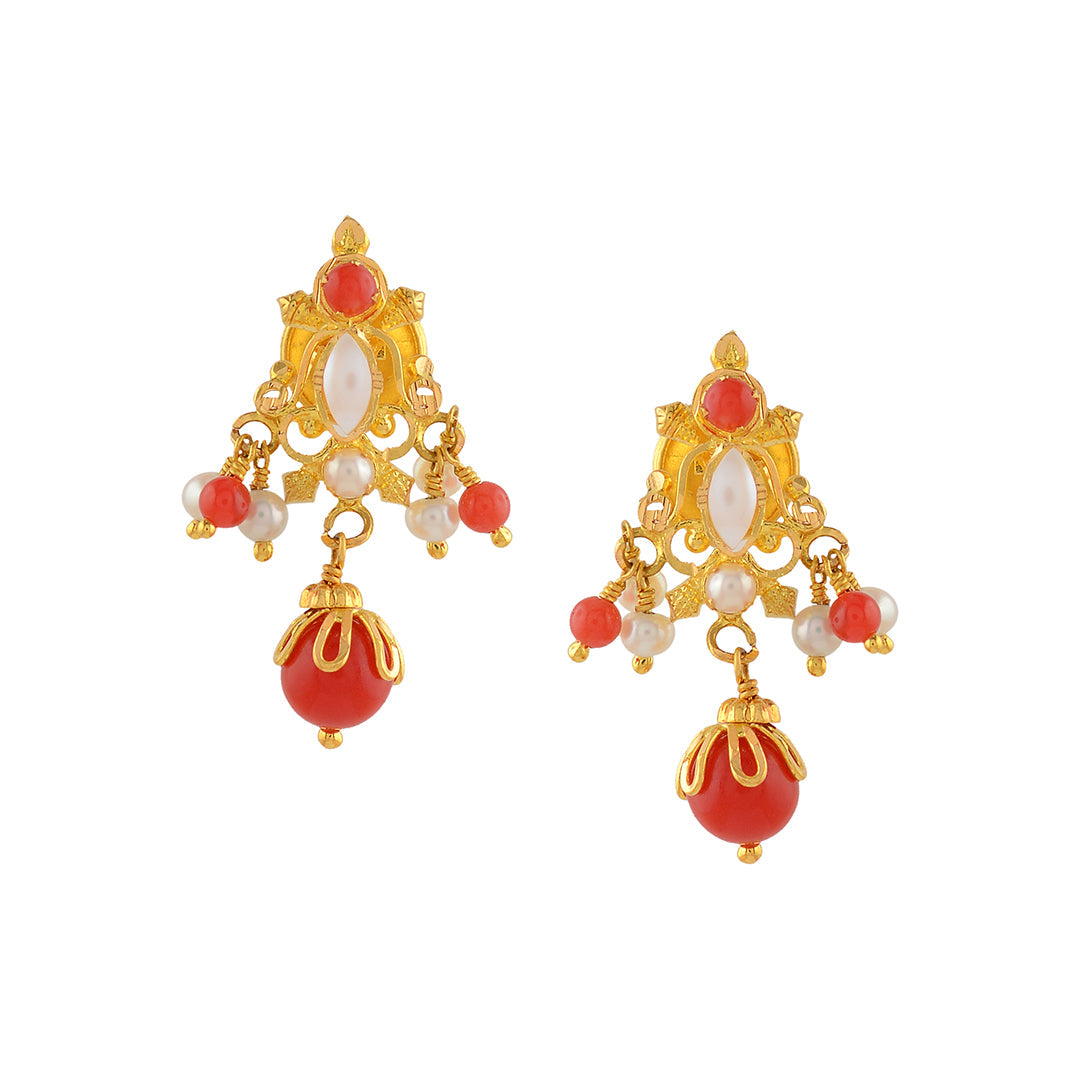 Coral and Pearl Gold Earrings - Krishna Jewellers Pearls and Gems