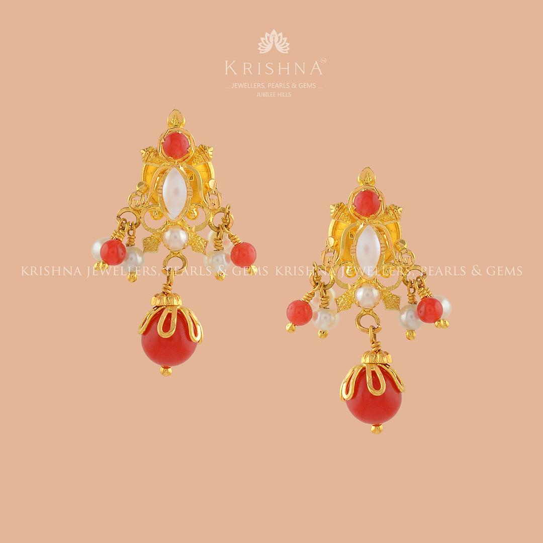 Coral and Pearl Gold Earrings - Krishna Jewellers Pearls and Gems
