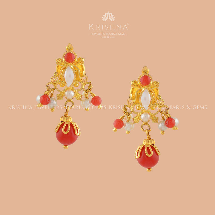 Coral and Pearl Gold Earrings - Krishna Jewellers Pearls and Gems