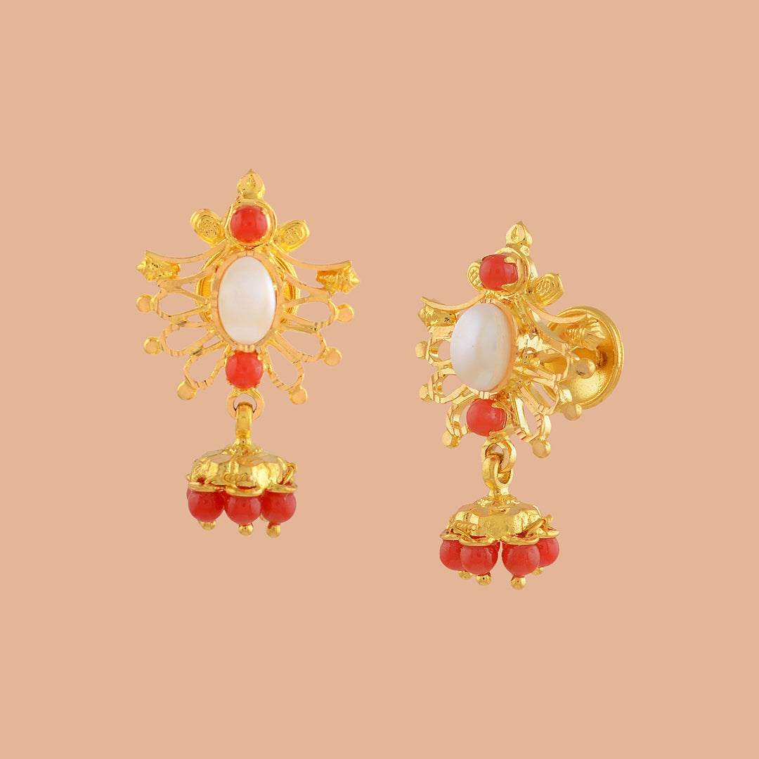 Coral and Pearl Gold Earrings in Butterfly Motif - Krishna Jewellers Pearls and Gems