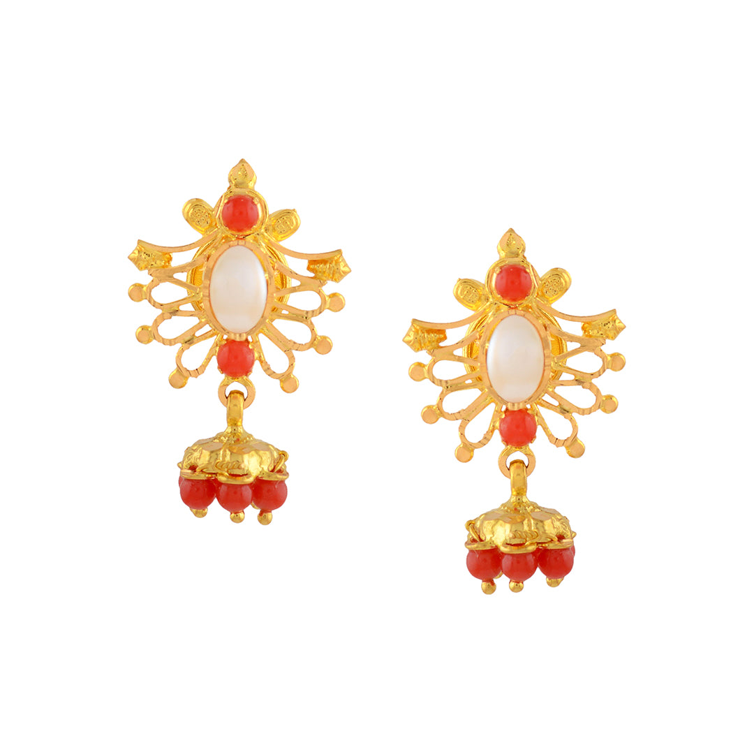 Coral and Pearl Gold Earrings in Butterfly Motif - Krishna Jewellers Pearls and Gems