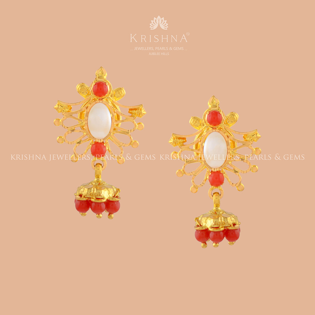 Coral and Pearl Gold Earrings in Butterfly Motif - Krishna Jewellers Pearls and Gems
