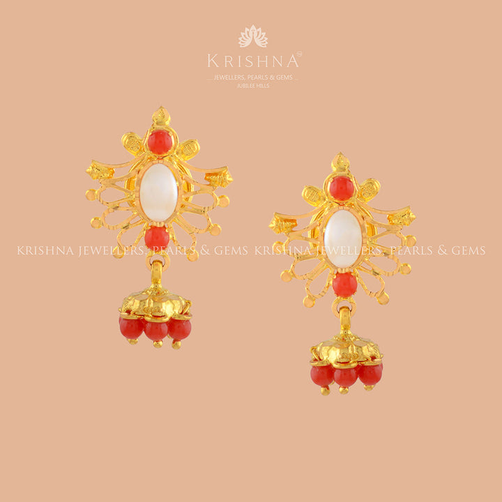 Coral and Pearl Gold Earrings in Butterfly Motif - Krishna Jewellers Pearls and Gems