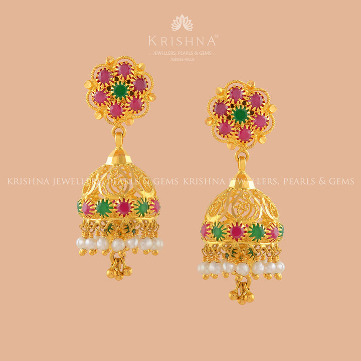 Posy Gold Pearl Jhumka Earrings - Krishna Jewellers Pearls and Gems