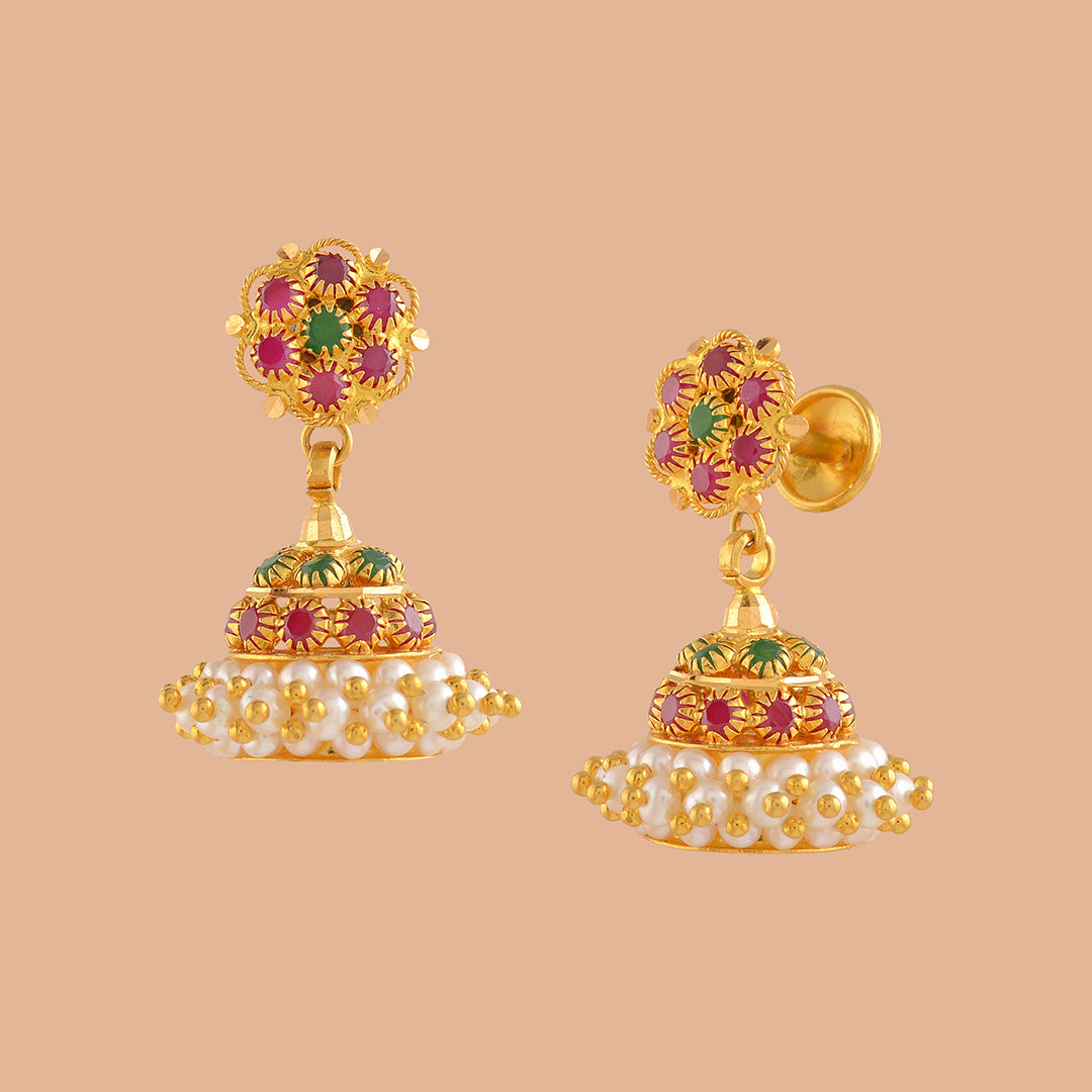Gold Pearl Jhumka Earrings With Guttapusalu - Krishna Jewellers Pearls and Gems