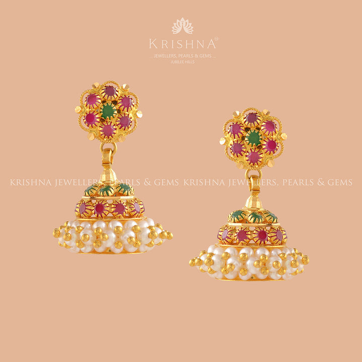 Gold Pearl Jhumka Earrings With Guttapusalu - Krishna Jewellers Pearls and Gems