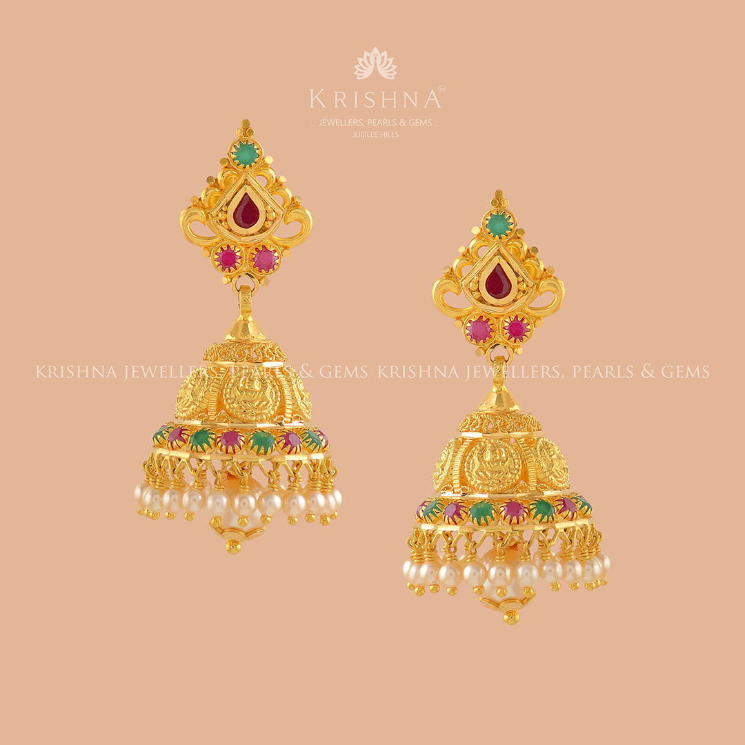 Maa Laxmi Gold Pearl Jhumka - Krishna Jewellers Pearls and Gems