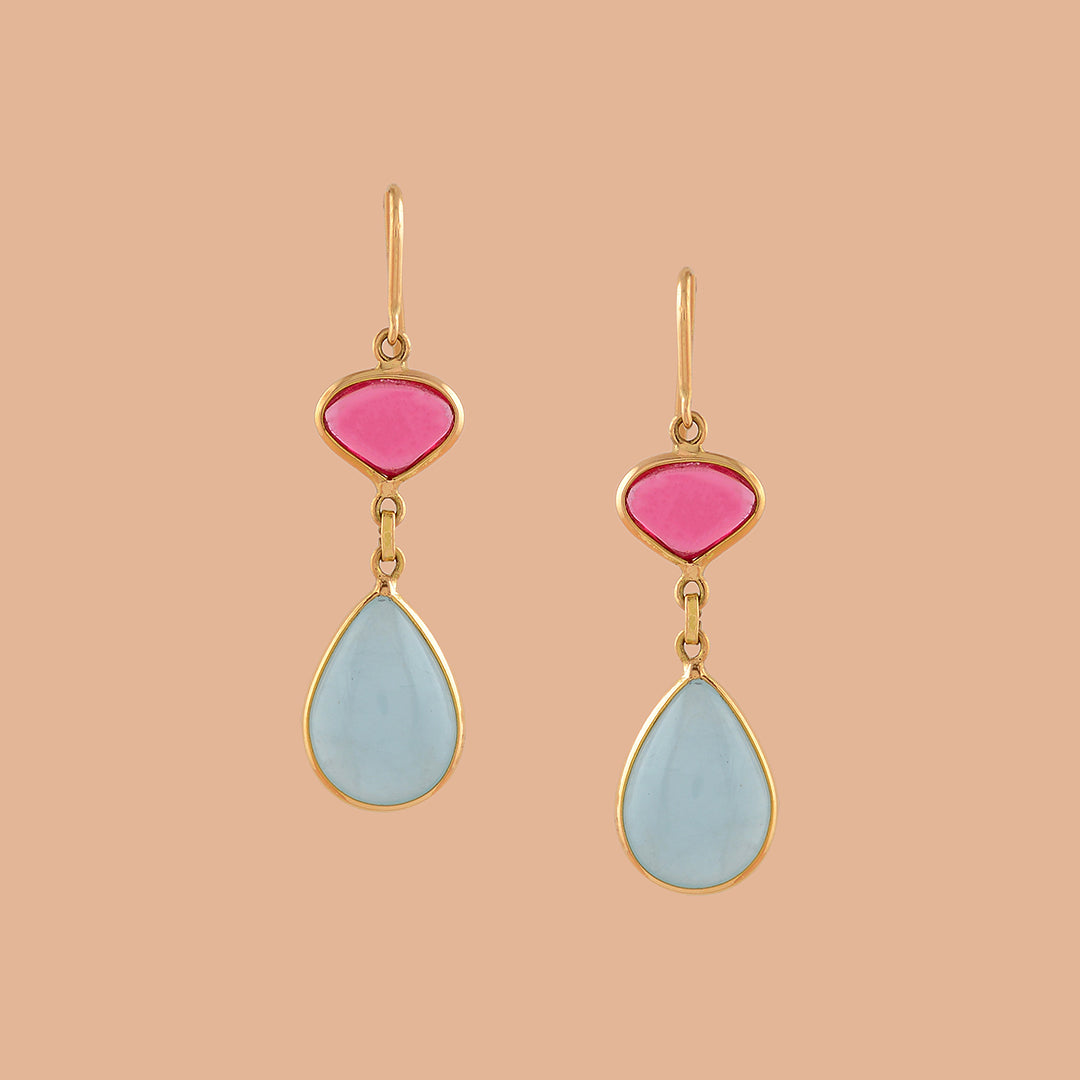 Aqua and Tourmaline Gold Hook  Earrrings - Krishna Jewellers Pearls and Gems