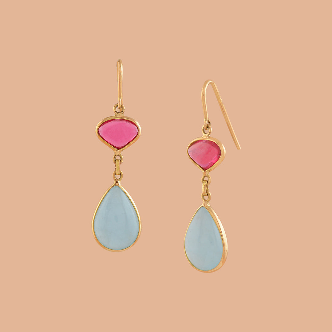 Aqua and Tourmaline Gold Hook  Earrrings - Krishna Jewellers Pearls and Gems