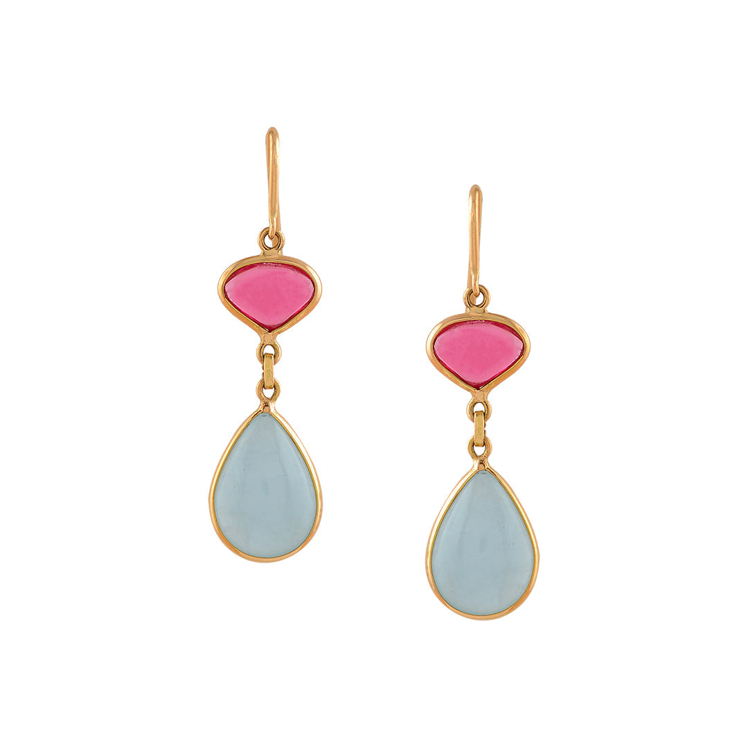Aqua and Tourmaline Gold Hook  Earrrings - Krishna Jewellers Pearls and Gems