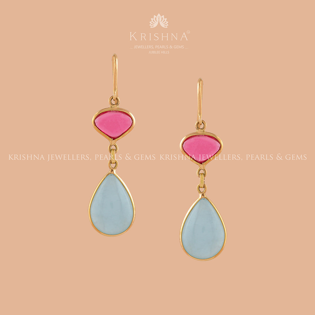 Aqua and Tourmaline Gold Hook  Earrrings - Krishna Jewellers Pearls and Gems
