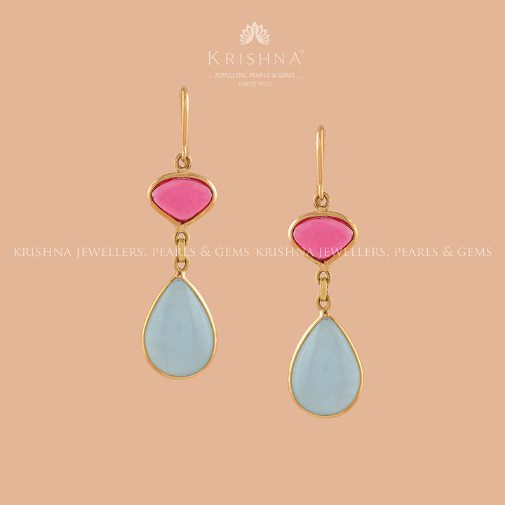 Aqua and Tourmaline Gold Hook  Earrrings - Krishna Jewellers Pearls and Gems