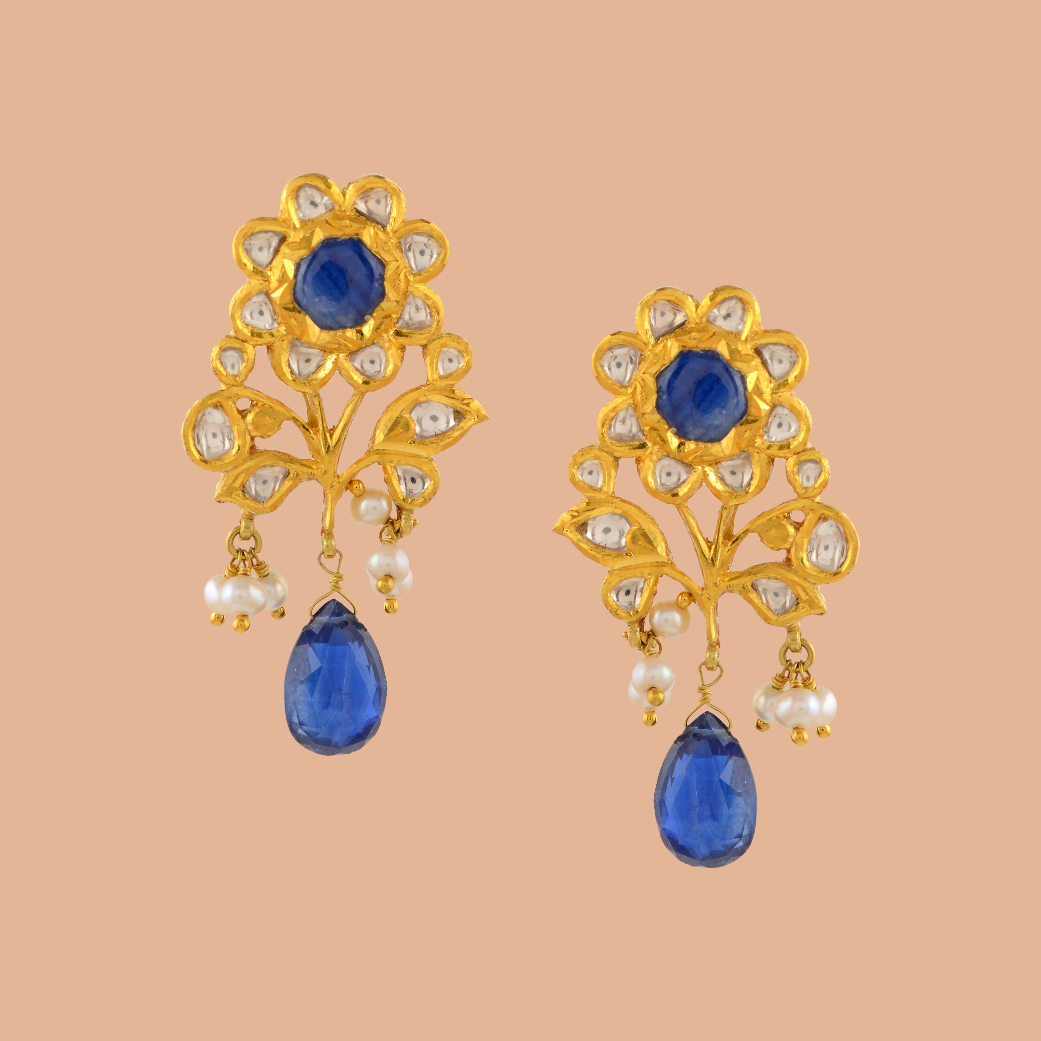 Royal Blue Gold Pearl Earrings - Krishna Jewellers Pearls and Gems