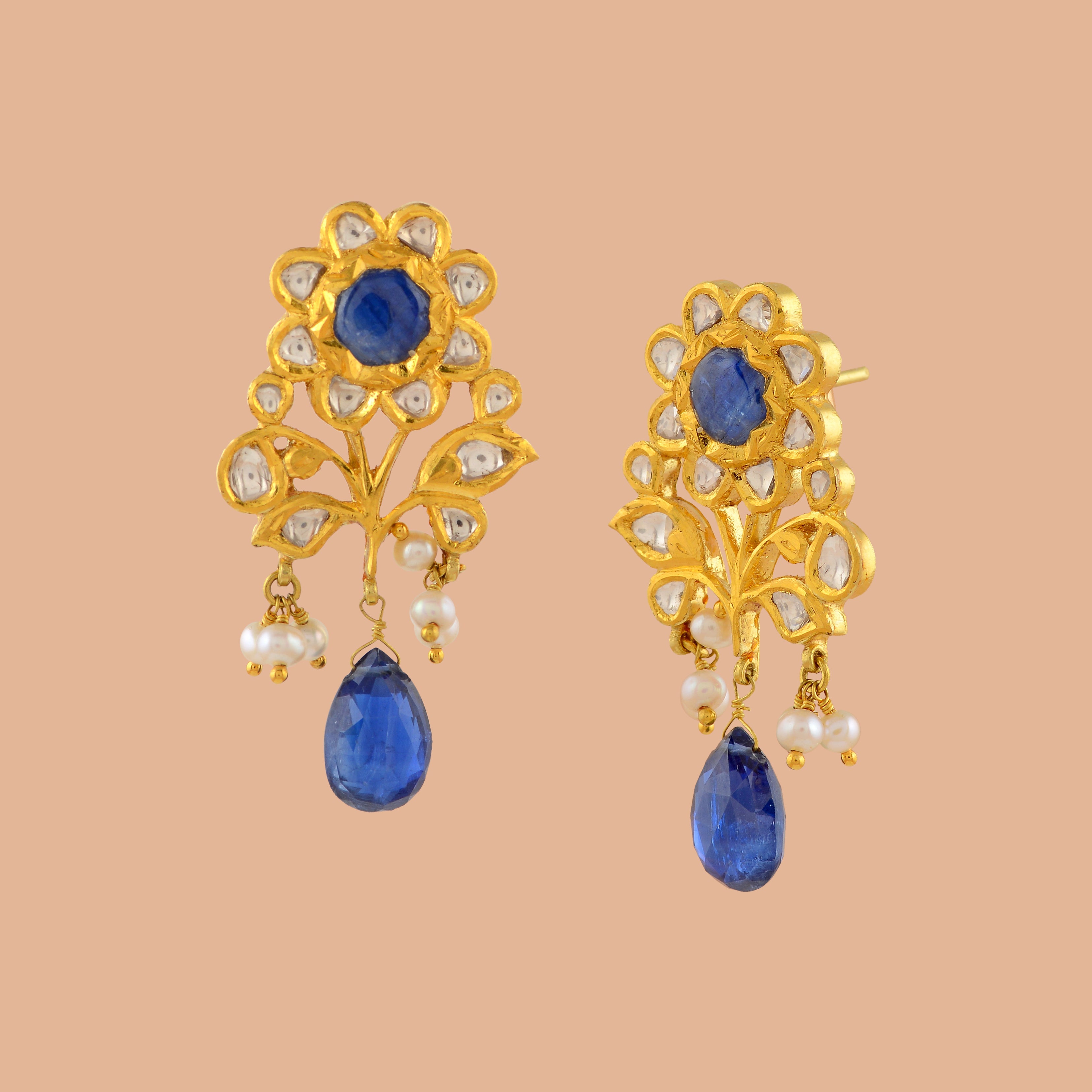 Royal Blue Gold Pearl Earrings - Krishna Jewellers Pearls and Gems