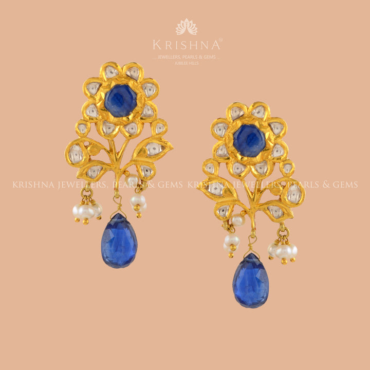 Royal Blue Gold Pearl Earrings - Krishna Jewellers Pearls and Gems