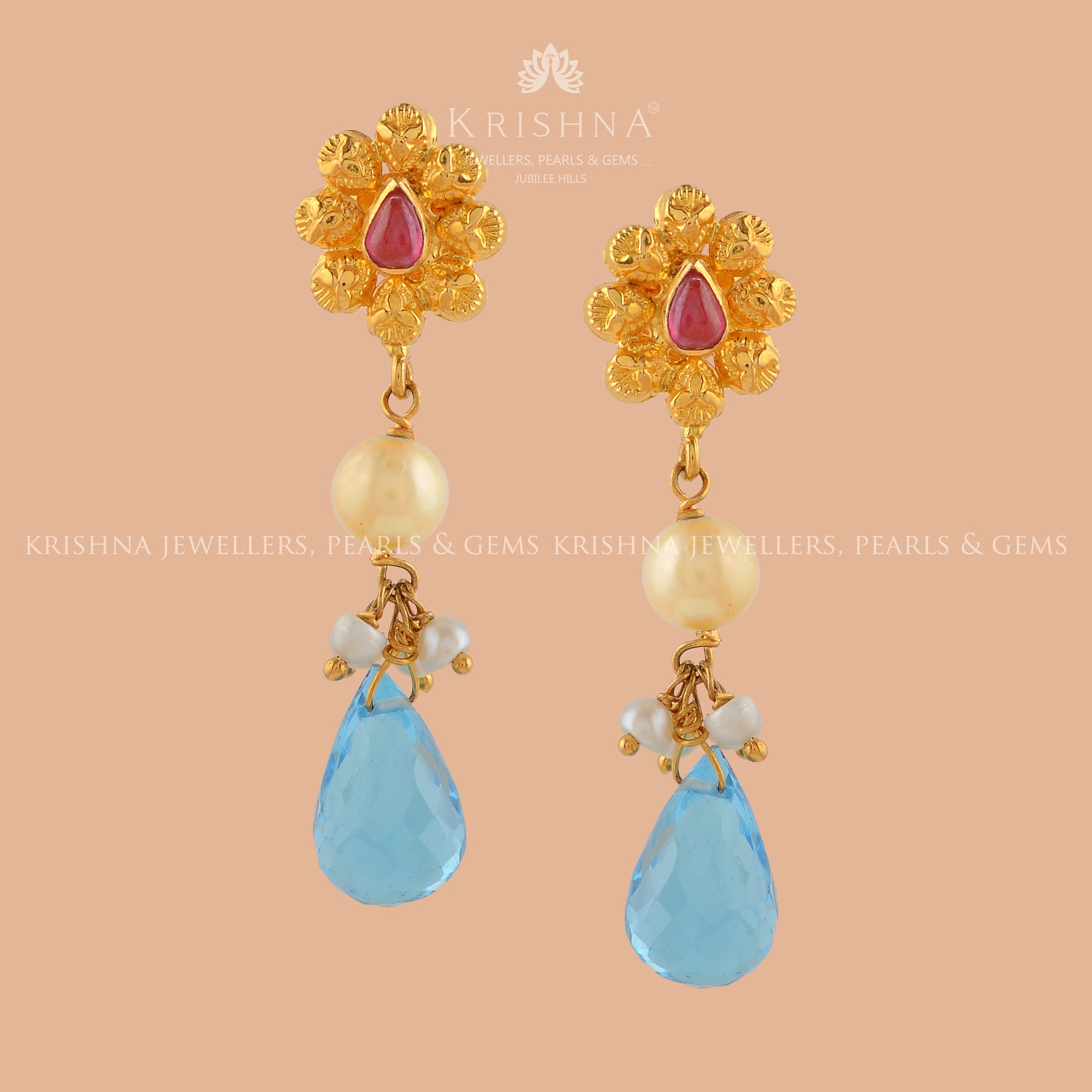 22K Floral Gold Hanging Tops - Krishna Jewellers Pearls and Gems