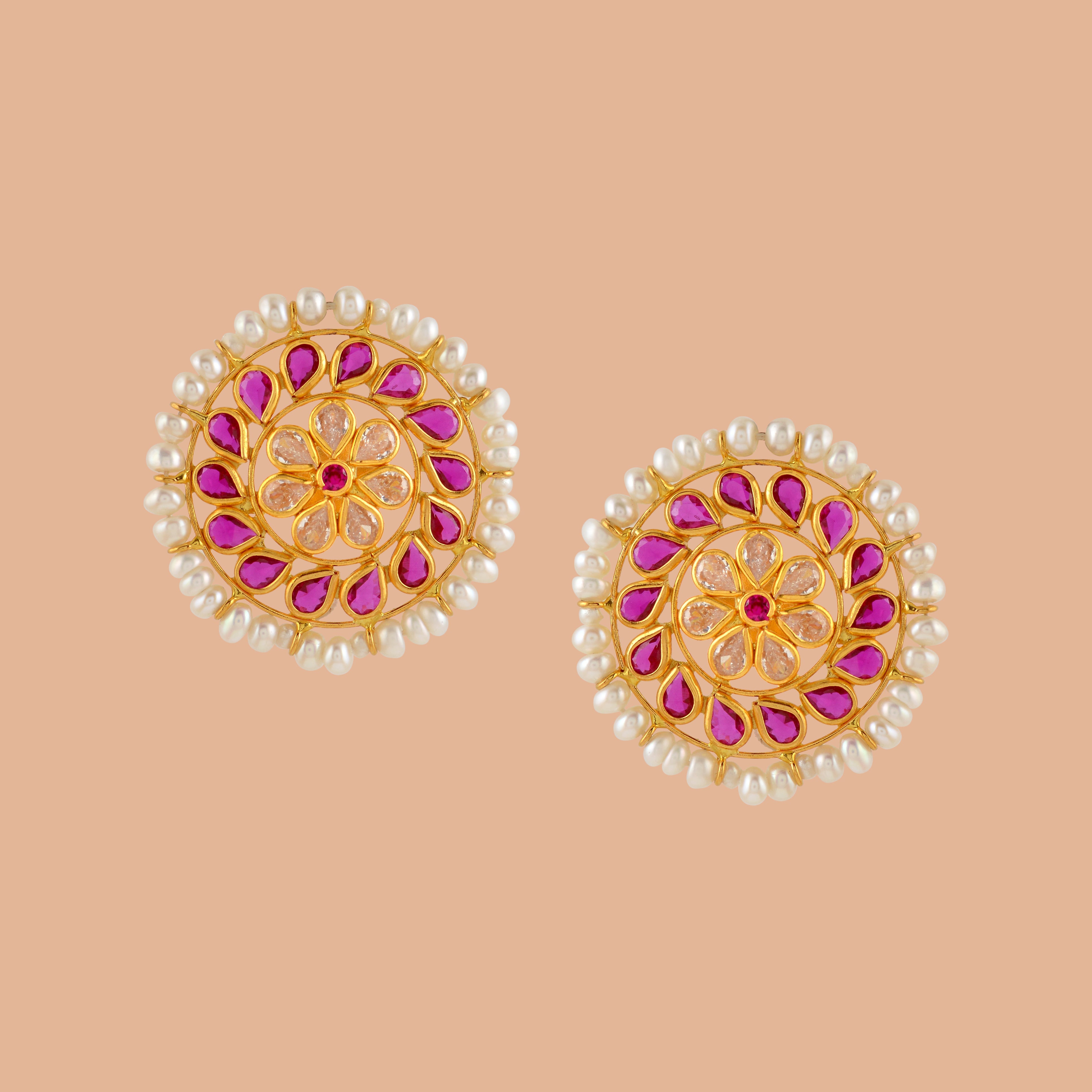 Gold Round Pearl Stud Earrings - Krishna Jewellers Pearls and Gems